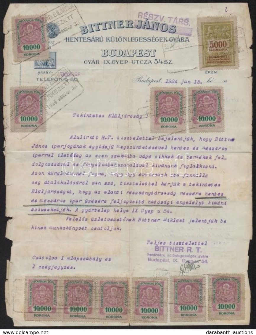 1924 Bittner János Hentesárú Különlegességek Gyárának Kérelme 245.000K Okmánybélyeggel - Unclassified