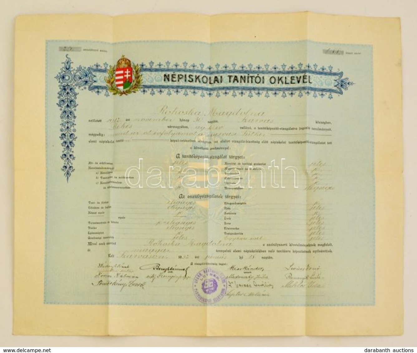 1932 Szarvas, Népiskolai Tanítói Oklevél, Aláírásokkal, Bélyegz?vel - Unclassified