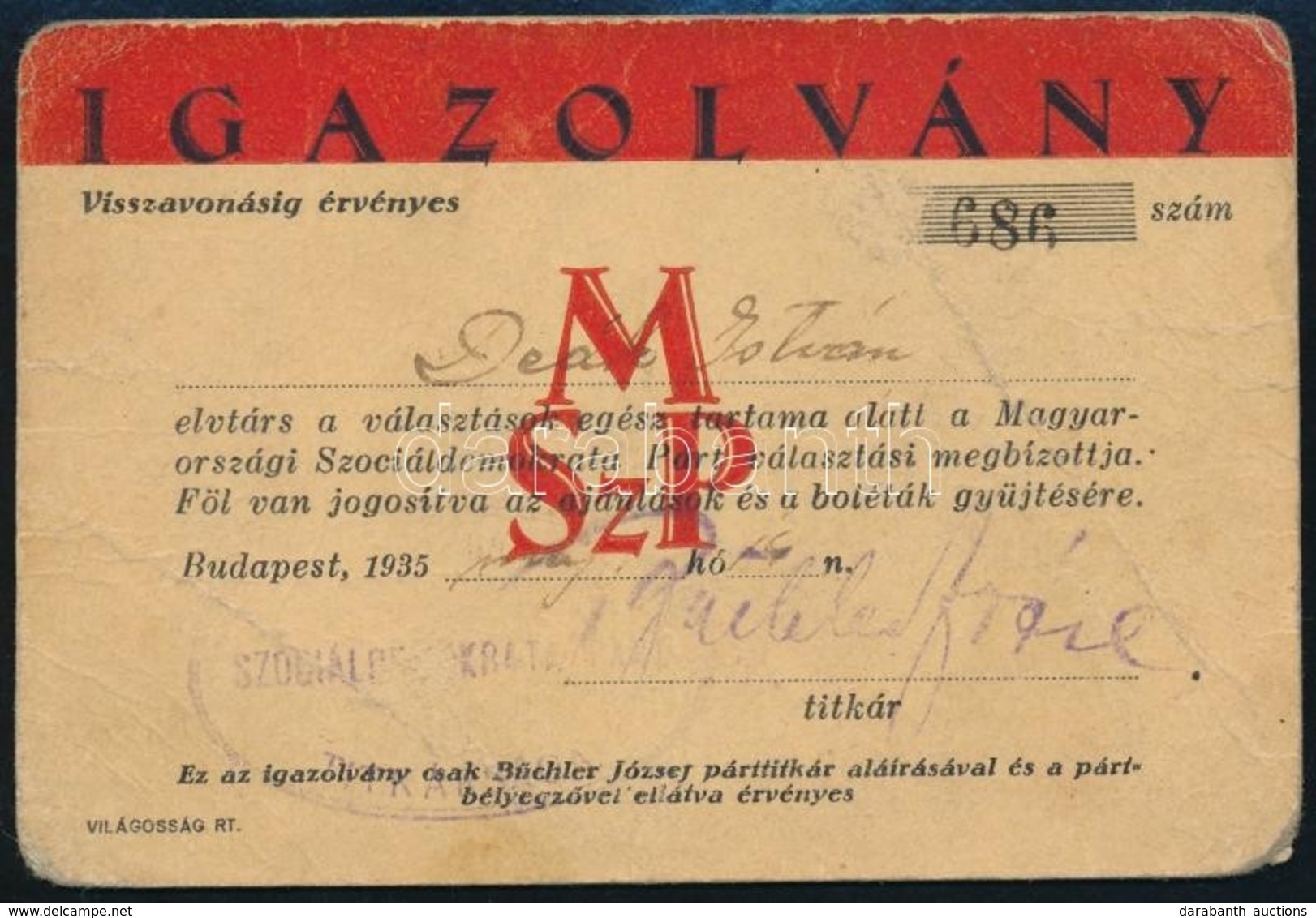 1935 Bp., A Magyarországi Szociáldemokrata Párt Igazolványa - Non Classés
