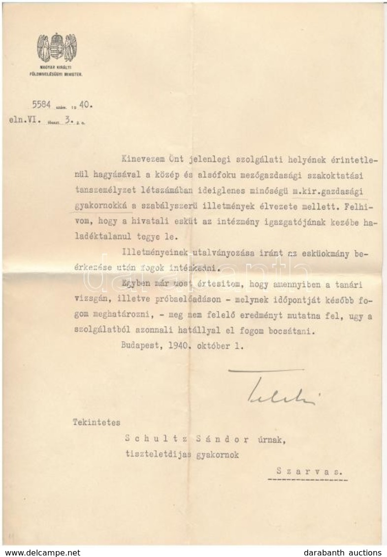 1940 Budapest, M. Kir. Gazdasági Gyakornoki Kinevezés Schultz Sándor Tiszteledíjas Gyakornok Részére, Teleki Mihály (189 - Unclassified