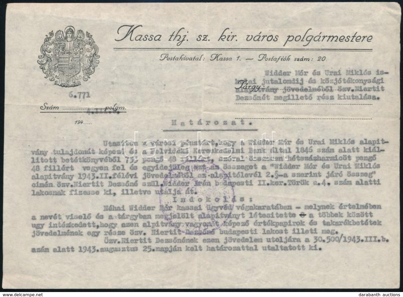 1944 Irat Pohl Sándor Kassai Polgármester Aláírásával - Non Classés