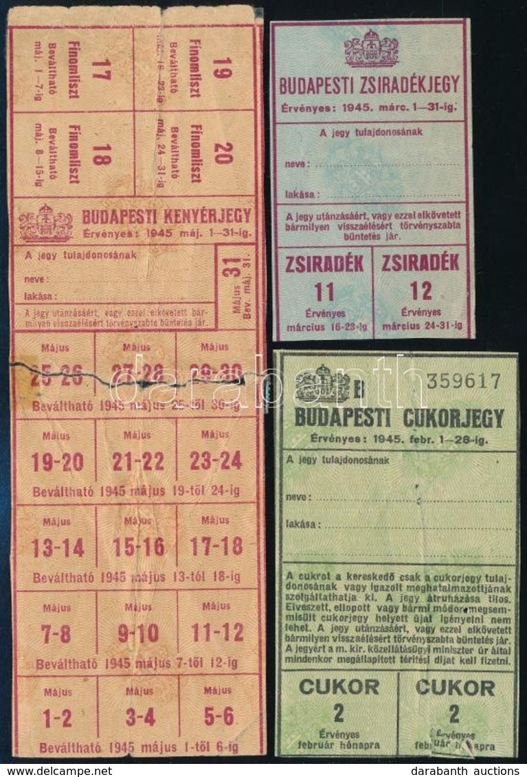 1945 Budapesti Cukor-, Kenyér- és Zsiradékjegy, 3 Db, A Kenyérjegyen Ragasztásnyommal - Unclassified
