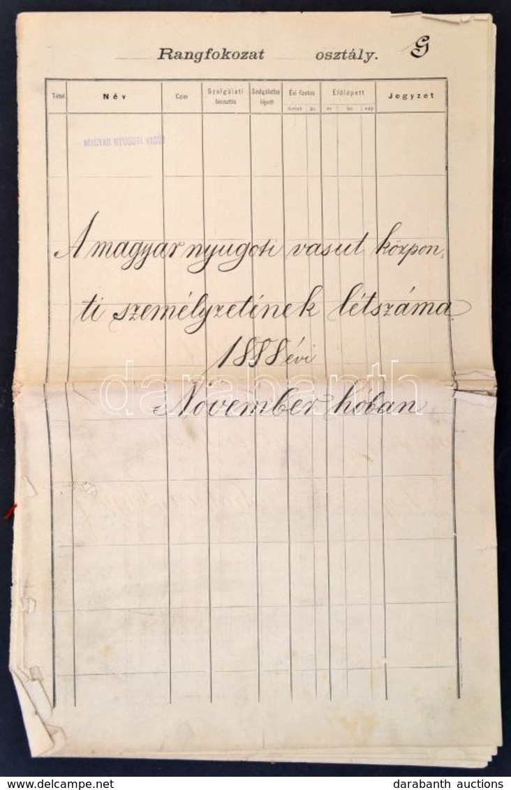 1888 A Magyar Nyugoti Vasút Központi Személyzetének Létszáma 1888 évi November Hóban. Nevekkel, Beosztásokkal, Fizetések - Unclassified