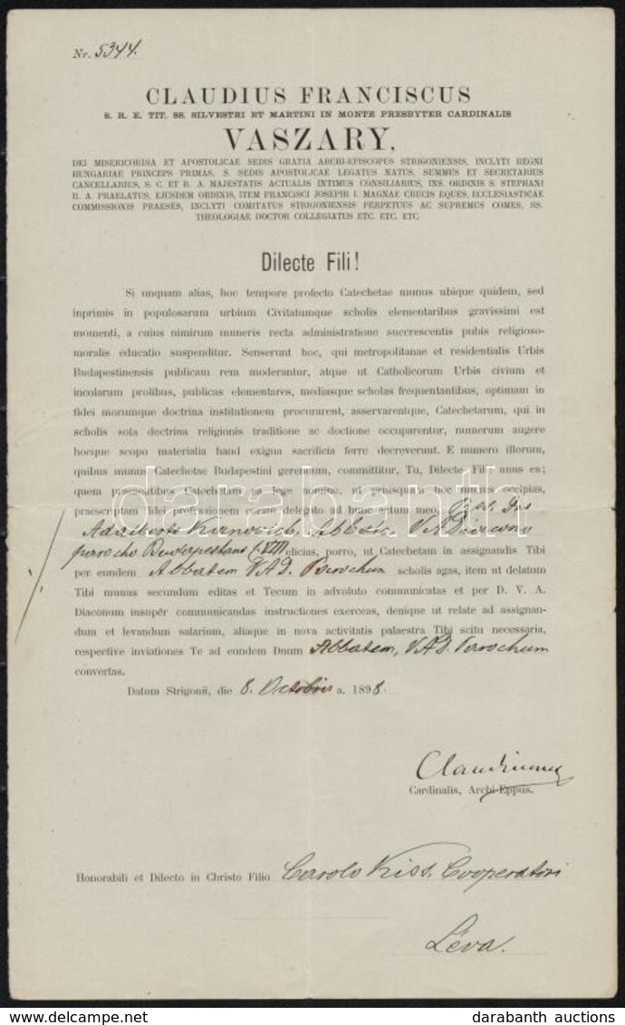 1898 Vaszary Kolos (1832-1915) Bíboros Latin Nyelv? Kinevezési Okmánya Dr. Kiss Károly Teológia Professzor A Kés?bbi Páz - Non Classés