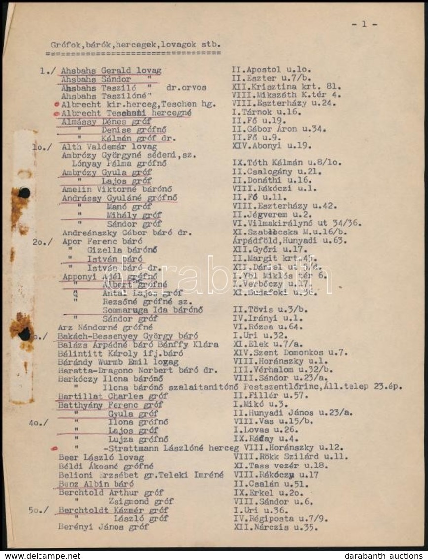 1942 Grófok, Bárók, Hercegek, Lovagok, Stb. Címlistája, 12 Gépelt Oldal - Unclassified