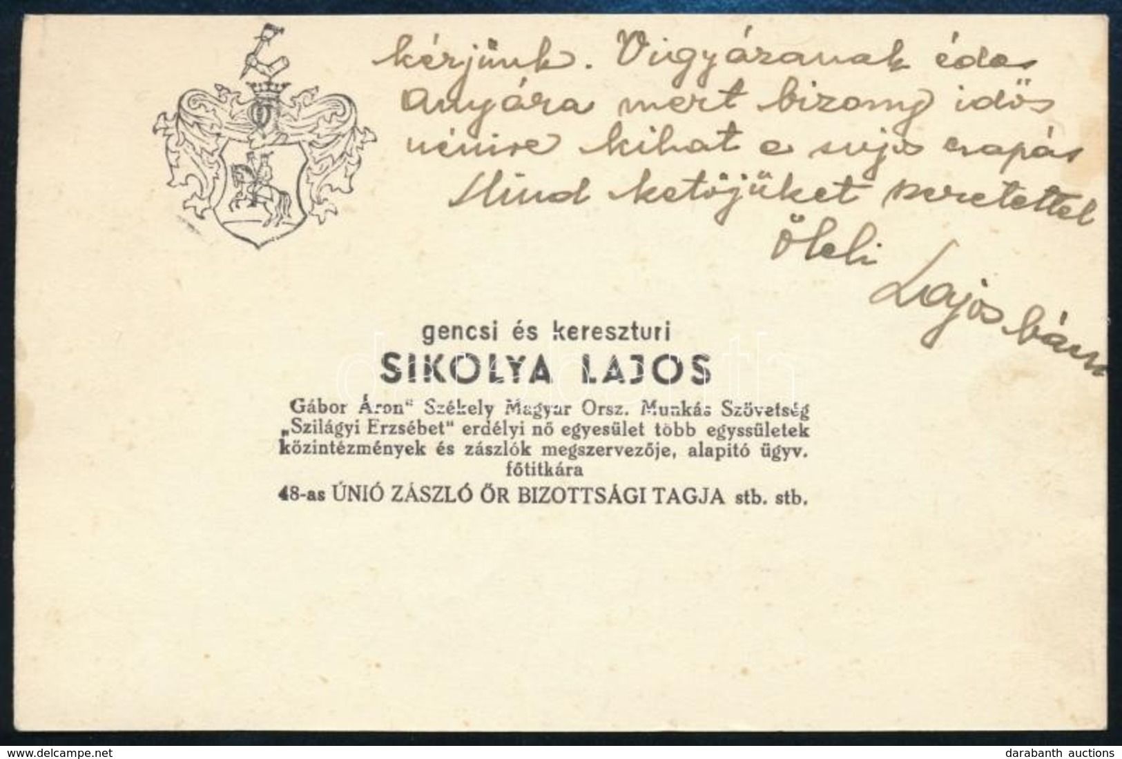 Cca 1930-1940 Gencsi és Keresztúri Sikolya Lajos (?-?) 'Gábor Áron' Székely Magyar Orsz. Munkás Szövetség, 'Szilágyi Erz - Other & Unclassified