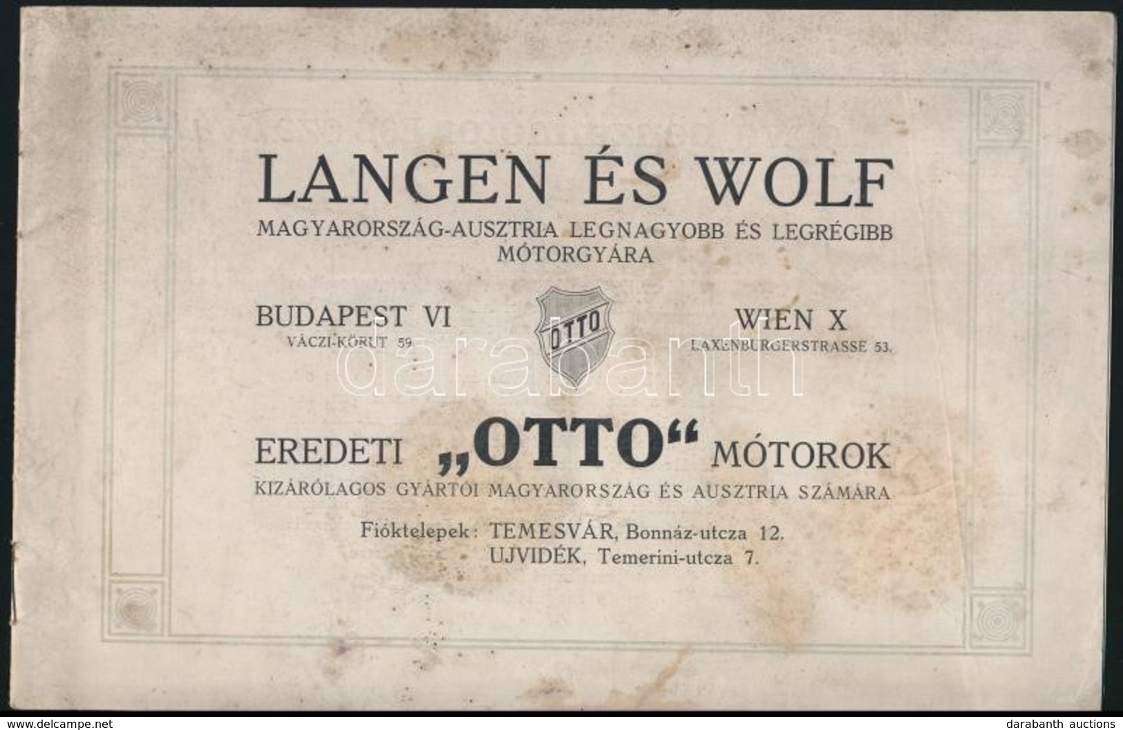 Langen és Wolf Motorgyár Katalógus, Foltos T?zött Papírkötésben - Advertising
