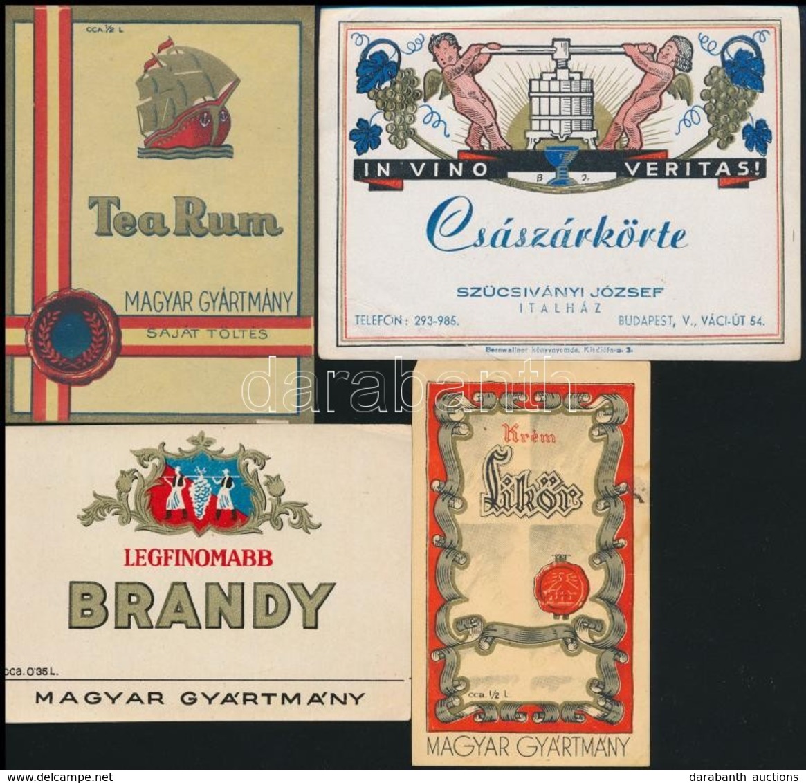 Cca 1930 4 Db Italcímke: Somogyi Miklós Csemege Vörös, Krém Lik?r, Tea Rum, Legfinomabb Brandy, 7x10 és 8,5x11,5 Cm Közö - Advertising