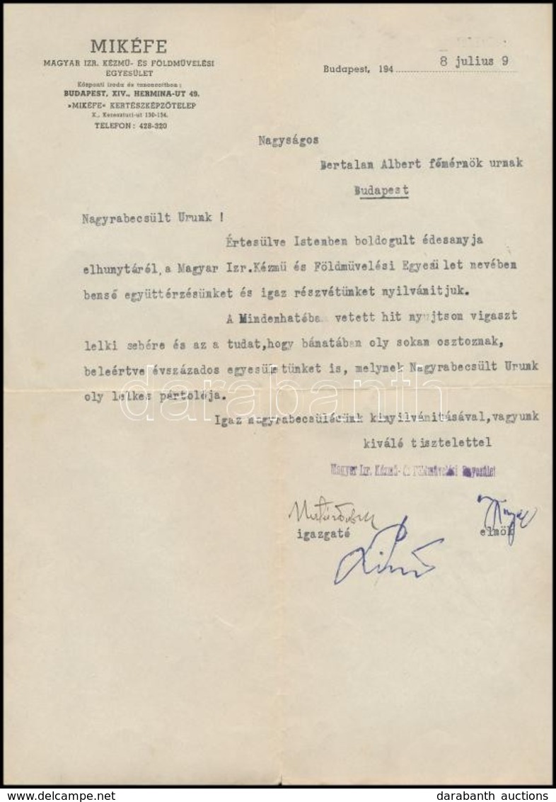 1948 Magyar Izraelita Kézm?- és Földm?velési Egyesület (MIKÉFE) Levele Bertalan Albert F?mérnöknek, Pecséttel, Az Egyesü - Other & Unclassified