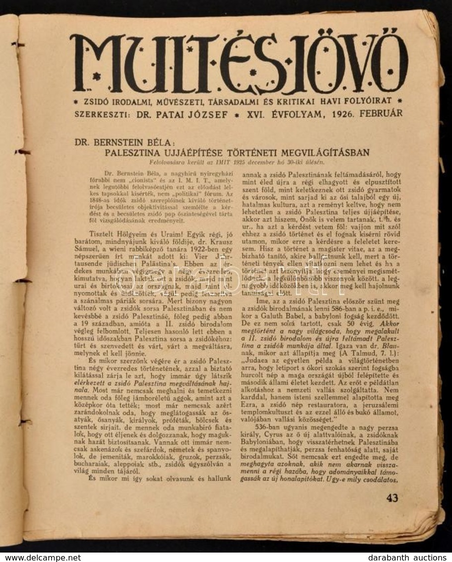 1926 Múlt és Jöv?, Zsidó Irodalmi, M?vészeti, Társadalmi és Kritikai Havi Folyóirat, XVI. évfolyam, Februártól Decemberi - Andere & Zonder Classificatie