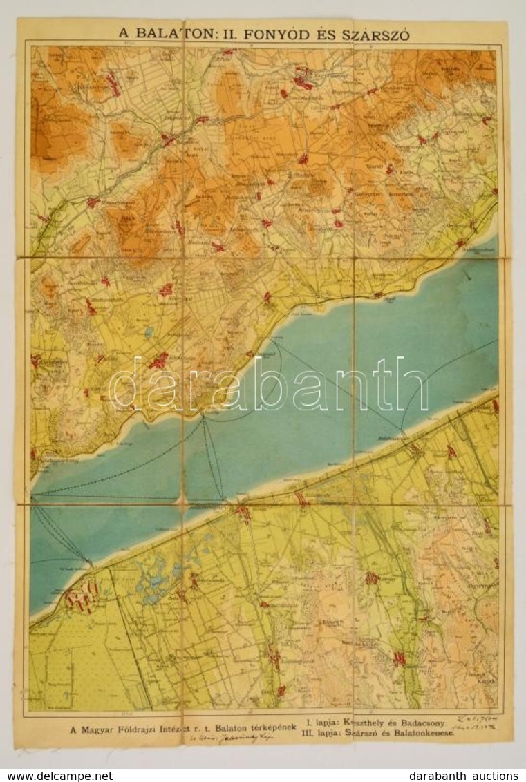 Cca 1930 A Balaton: II. Fonyód és Szárszó, Kiadja A Magyar Földrajzi Intézet Rt., Vászontérkép, 51×35 Cm - Autres & Non Classés