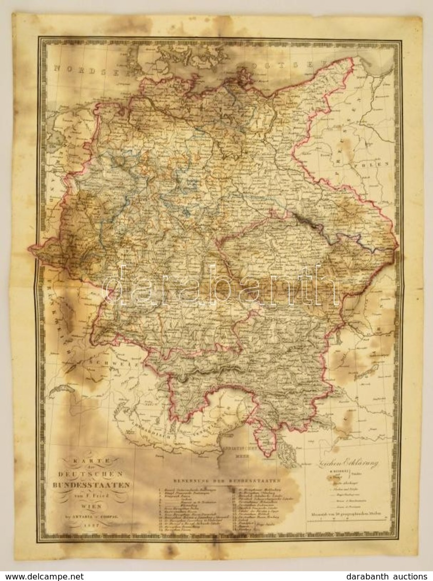 1827 Karte Des Deutsches Bundesstaaten. A Német állampk Térképe. Artaria, Wien. Színezett Rézmetszet. Foltos. / Colored  - Autres & Non Classés