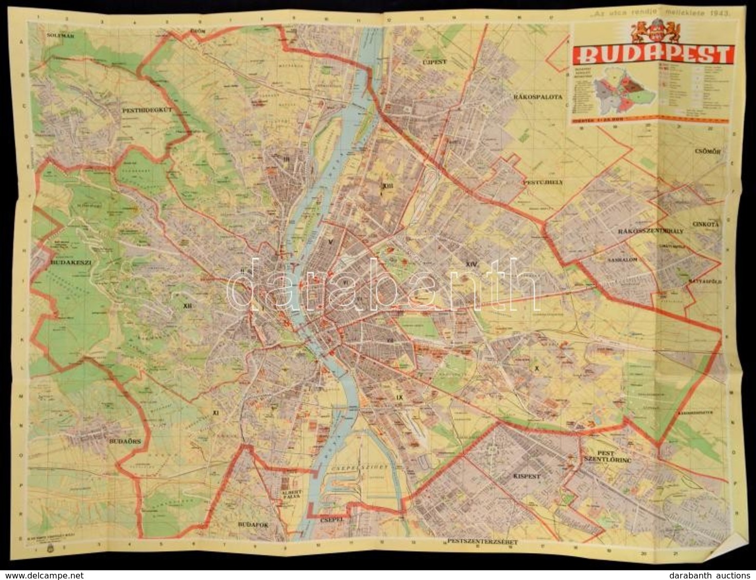 1943 Budapest Térképe, 'Az Utca Rendje' Melléklete, 1:25 000, Hajtásnál Kis Szakadás, 74x90 Cm - Andere & Zonder Classificatie