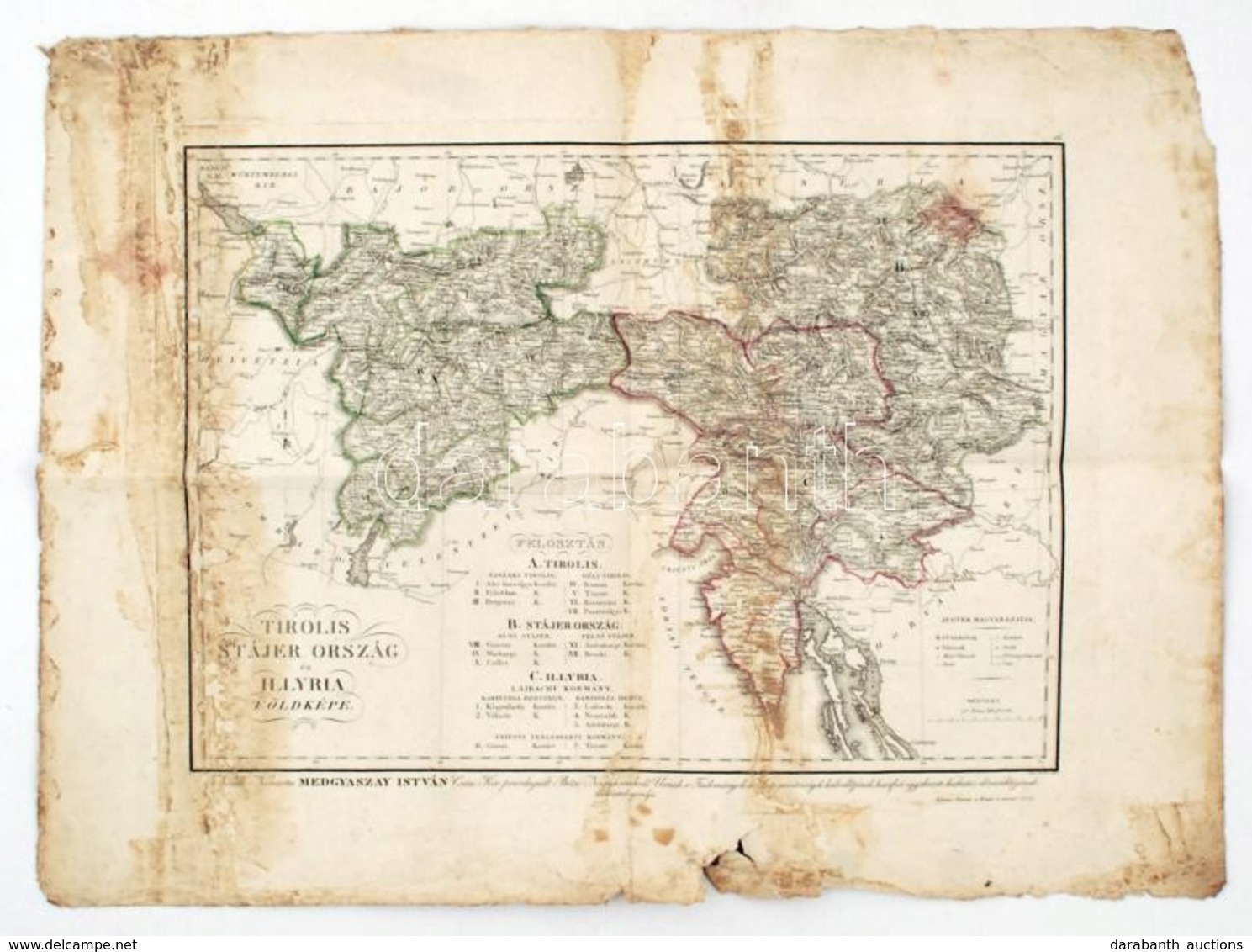 1835 Tirolis, Stájer Ország és Illyria Földképe, Karacs Ferentz, Kissé Viseltes állapotban, 46×33,5 Cm/  1835 Tyrol, Sty - Altri & Non Classificati
