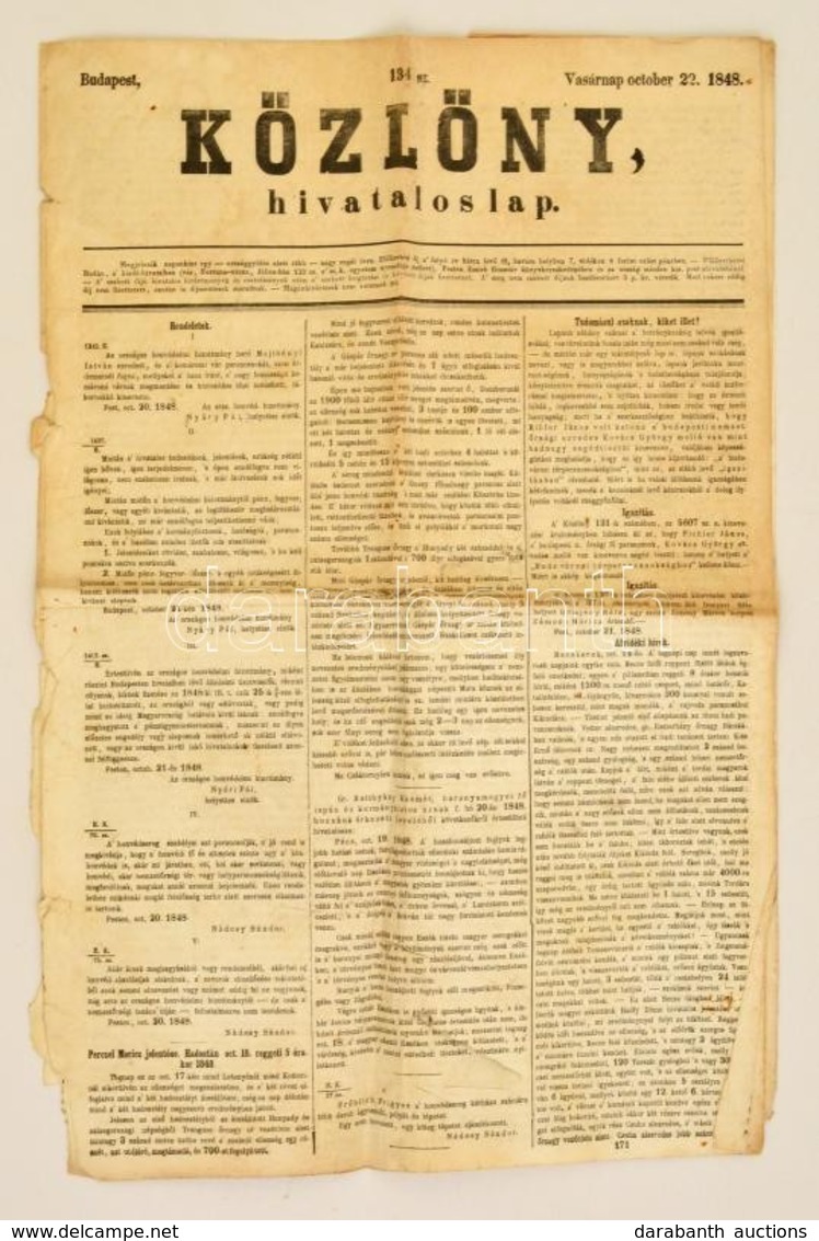 1848 A Közlöny 134., Október 22-i Lapszáma, érdekes Aktuális Hírekkel - Ohne Zuordnung
