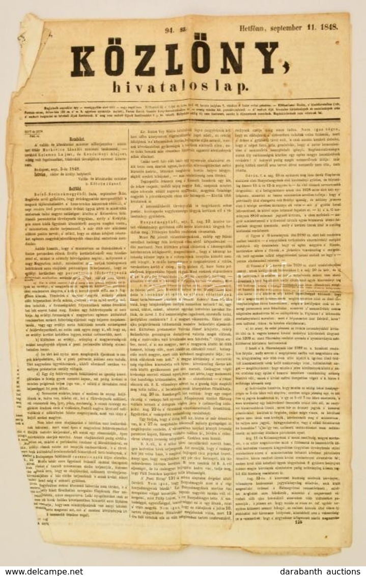 1848 A Közlöny 94., Szeptember 11-i Lapszáma, érdekes Aktuális Hírekkel - Non Classés