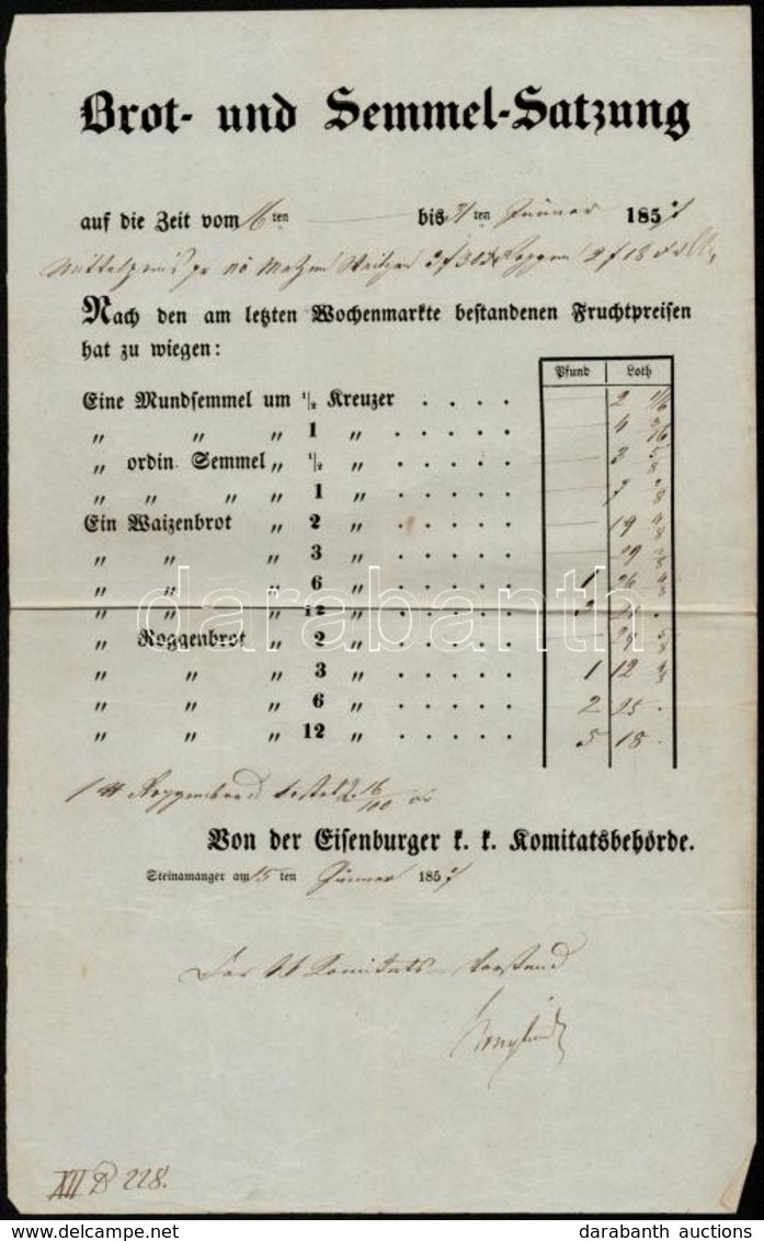 Cca 1850 Vas Megye Zsemle és Kenyér árszabály Hirdetmény, Német Nyelven, 33,5x21 Cm - Ohne Zuordnung