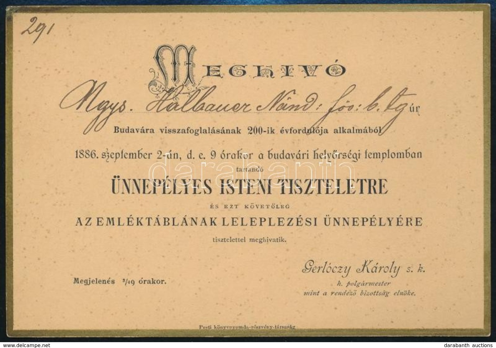 1886 Bp., Meghívó Buda Vára Visszafoglalásának 200-ik évfordulója Alkalmából Rendezett ünnepélyes Istentiszteletre, Háto - Ohne Zuordnung