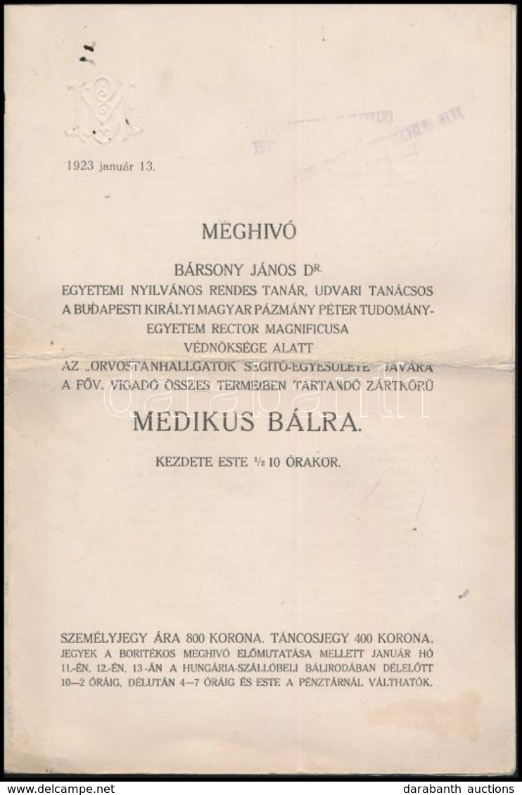 1923 Meghívó Medikus Bálra, F?városi Vigadó, Orvostanhallgatók Segít? Egyesülete Javára - Zonder Classificatie