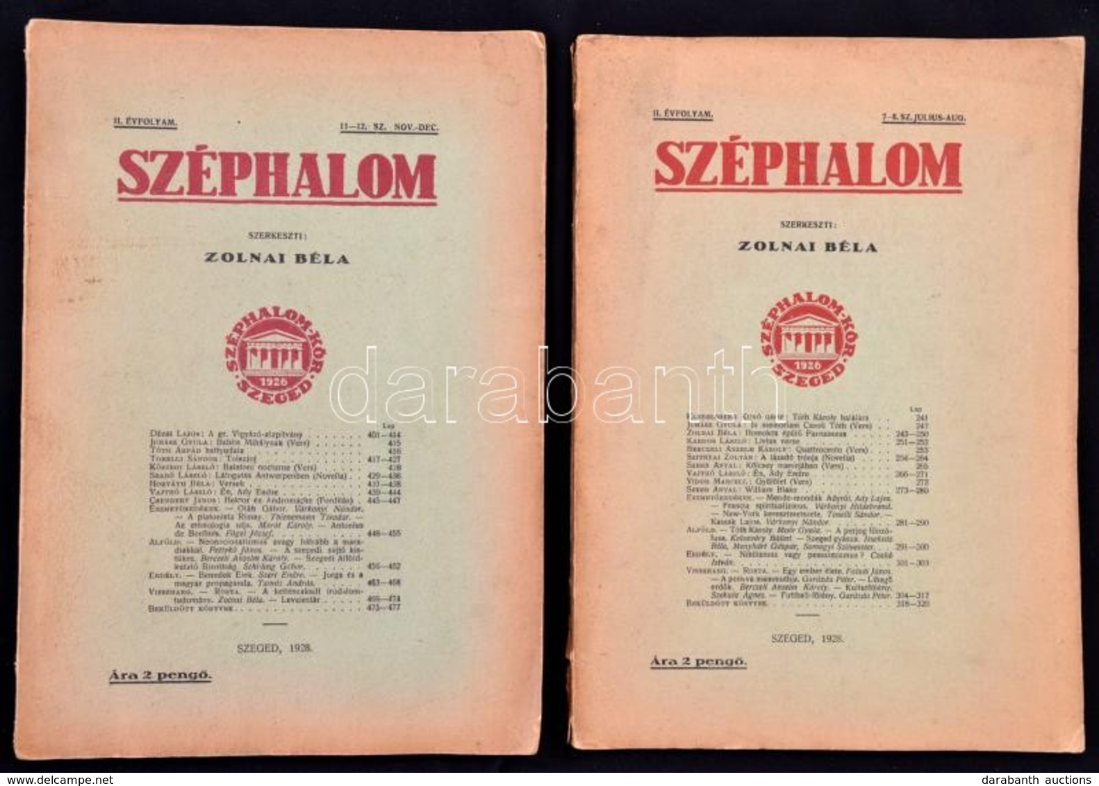 1928 Széphalom. Szerk.: Zolnai Béla. II. évf. 7-8.,11-12. Számok. Szeged, 1928, Szeged Városi Nyomda és Könyvkiadó Rt. P - Non Classificati