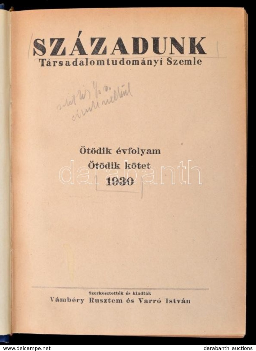 1930 Századunk. Társadalomtudományi Szemle. Szerk: Vámbéry Rusztem és Varró József. Ötödik évfolyam, ötödik Kötet. Félvá - Zonder Classificatie