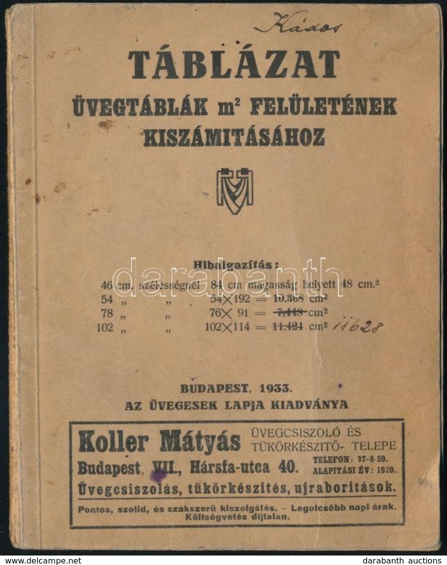 1930 Táblázat üvegtáblák M2 Felületeinek Kiszámításához. Bp., 1930. Az Ipartestület (Üvegesek Lapja) 64p. - Non Classés