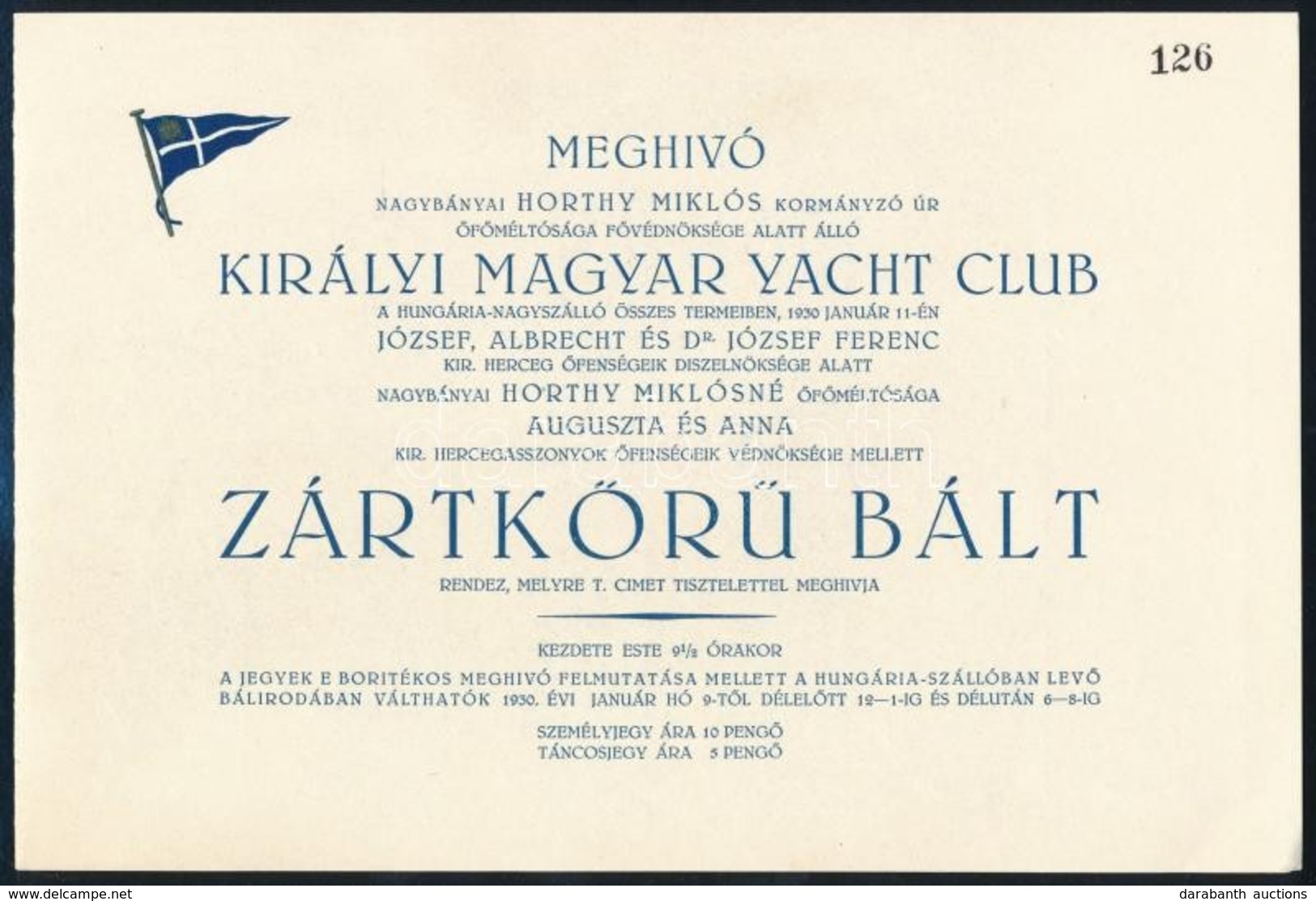 1930 Meghívó A Királyi Magyar Yacht Club Zártkör? Báljára + Boríték - Non Classés