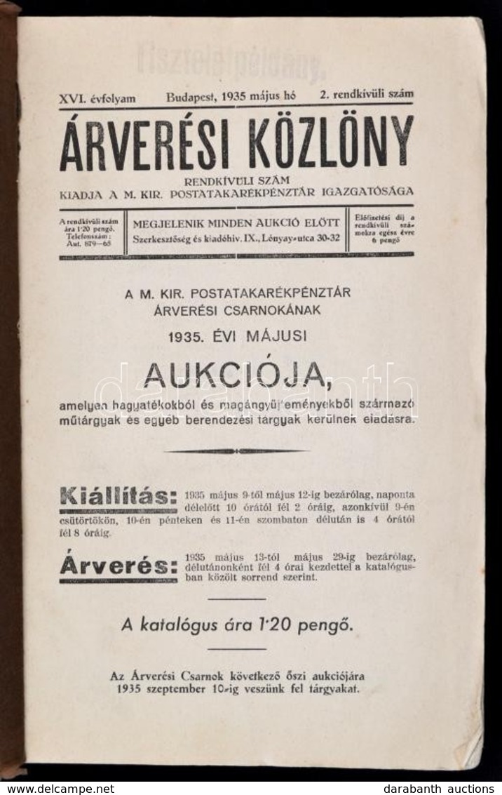 1935 Az Árverési Közlöny 16  évf. 2 Rendkívüli Száma Benne Az Aukció Részletei, árak,fotók, . Papírkötésben. - Zonder Classificatie