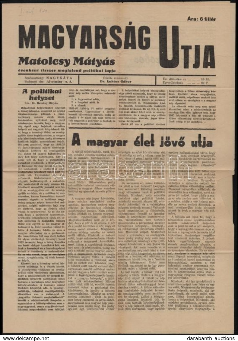 Cca 1936 A Magyarság Útja I. évfolyam 1. Szám, Kiadásért Felel: Matolcsy Mátyás, 4p - Non Classificati