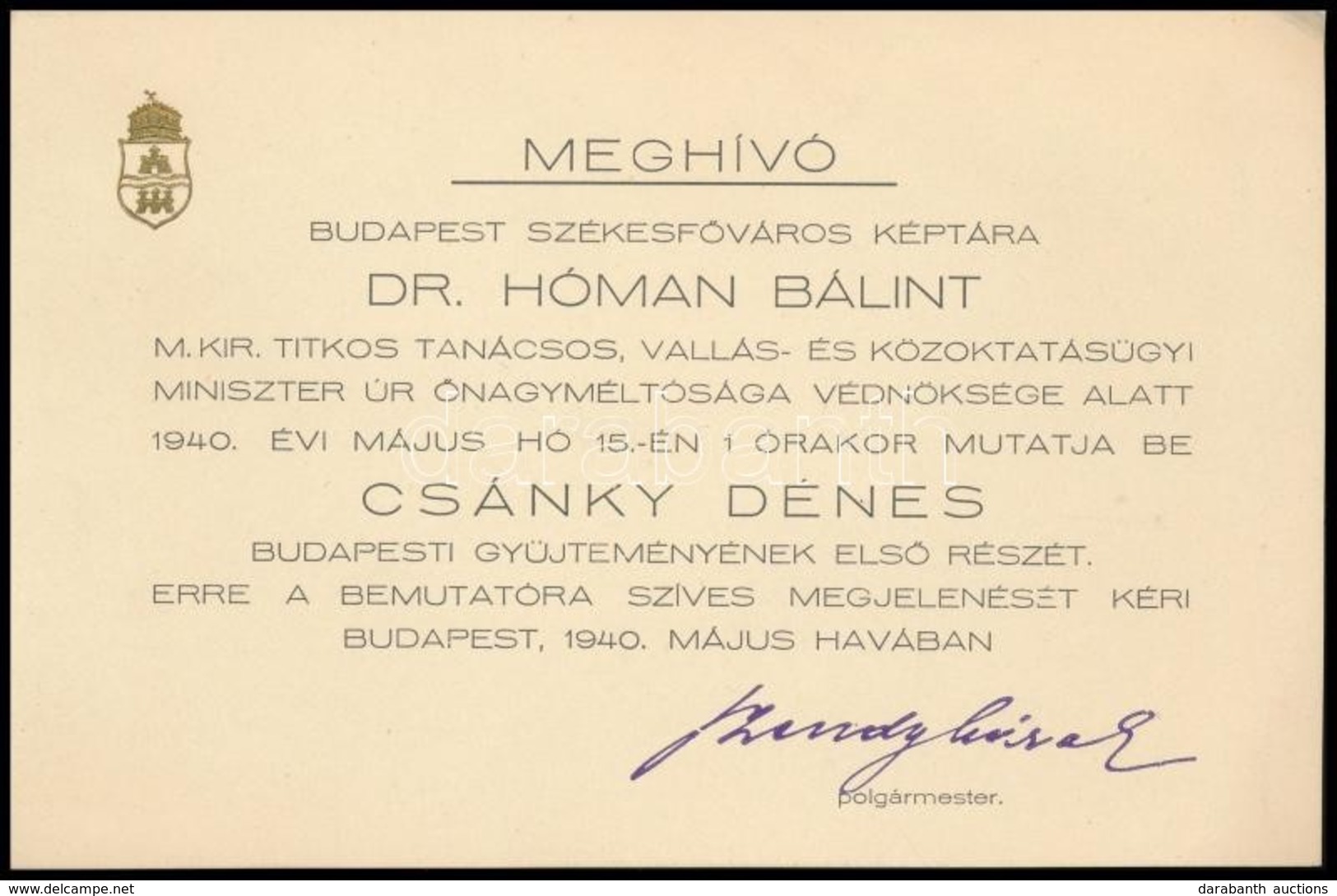 1940 Csánky Dénes (1885-1972) Fest?m?vész, Szépm?vészeti Múzeum Igazgatójának Kiállítására, Budapesti Gy?jteményének Els - Non Classés