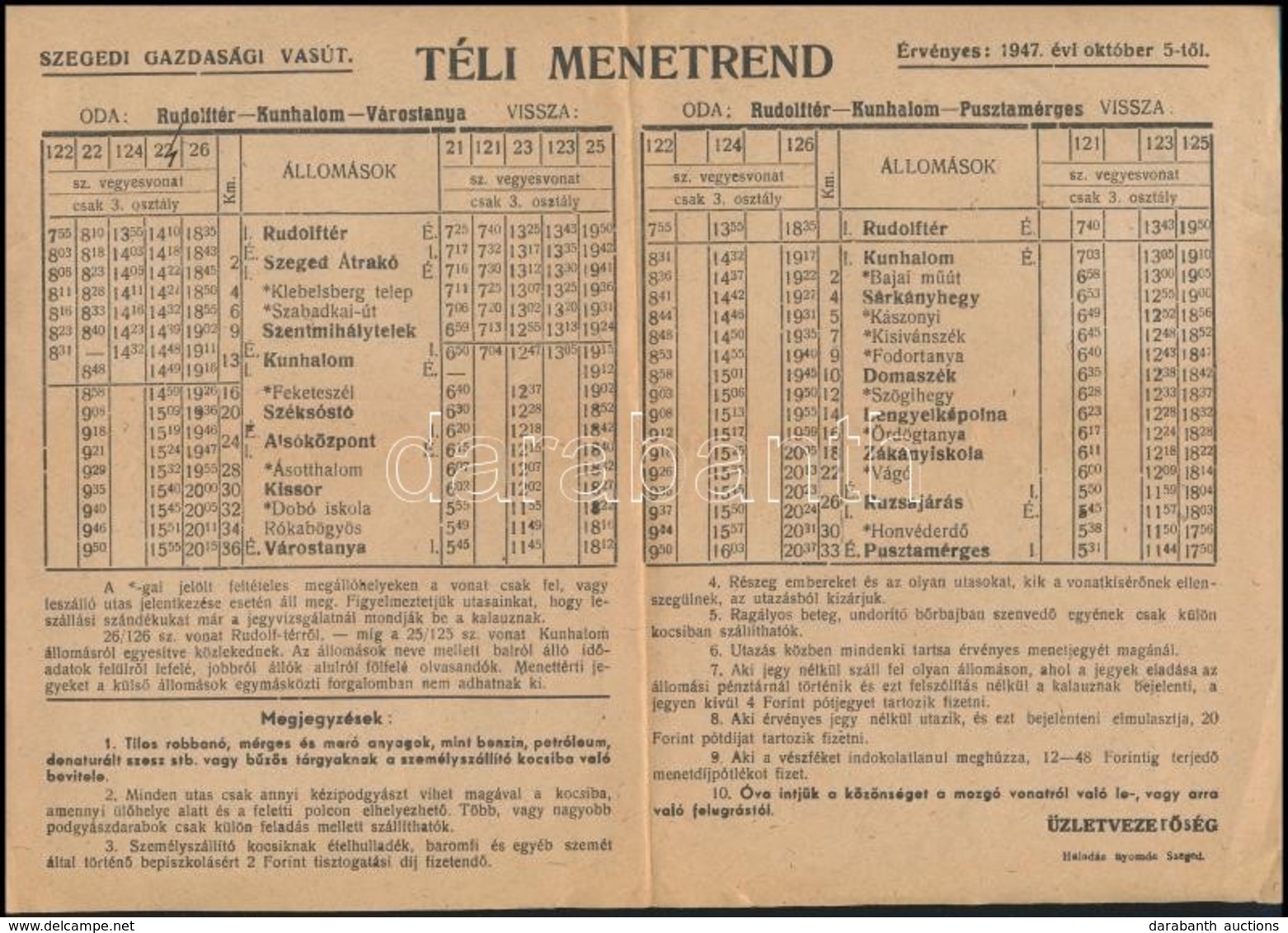 1947 Szegedi Gazdasági Vasút Téli Menetrendje, 21x30 Cm - Non Classés
