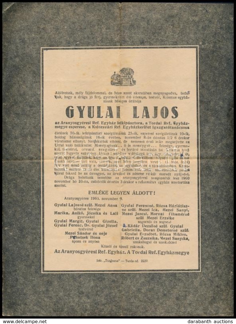 1960 Gyulai Lajos (1910-1960) Az Aranyosgyéresi Ref. Egyház Lelkipásztorának, A Tordai Ref. Egyházmegye Esperesének, A K - Non Classés