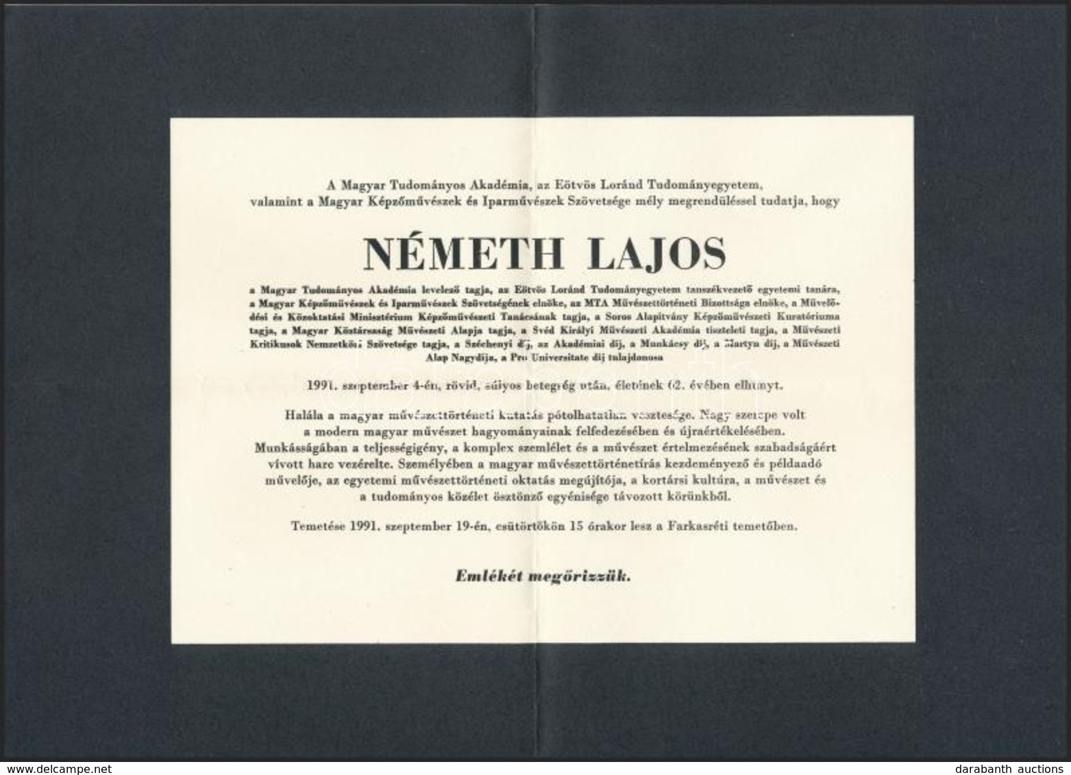 1991 Németh Lajos (1929-1991) M?vészettörténész, MTA Levelez? Tag, ELTE Tanszékvezet? Egyetemi Tanár, Magyar Képz?m?vész - Zonder Classificatie