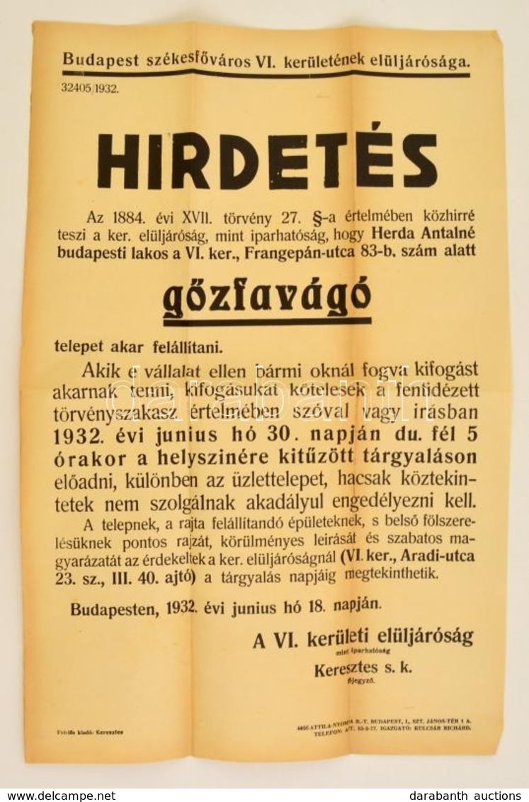 1932 Bp., Budapest Székesf?város VI. Kerületének Elöljárósága által Kiadott Hirdetés G?zfavágó Telep Létesítésének ügyéb - Sonstige & Ohne Zuordnung