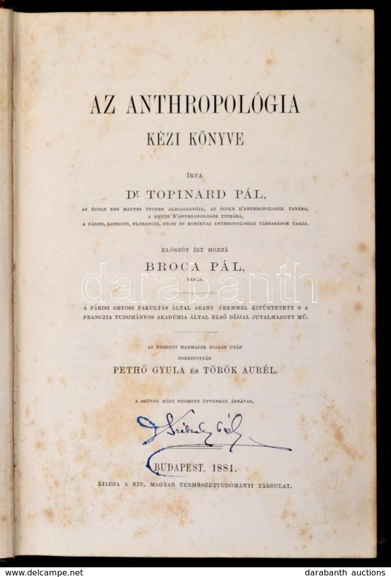 Dr. Topinard Pál: Az Anthropológia Kézi Könyve. Bp., 1881, Kir. Magyar Természettudományi Társulat. Kiadói Egészvászon K - Non Classés