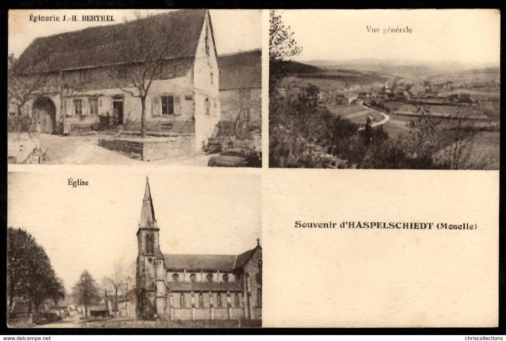 Souvenir D'HASPELSCHIEDT (Moselle) Epicerie Berthel - Eglise - Vue Générale - Altri & Non Classificati