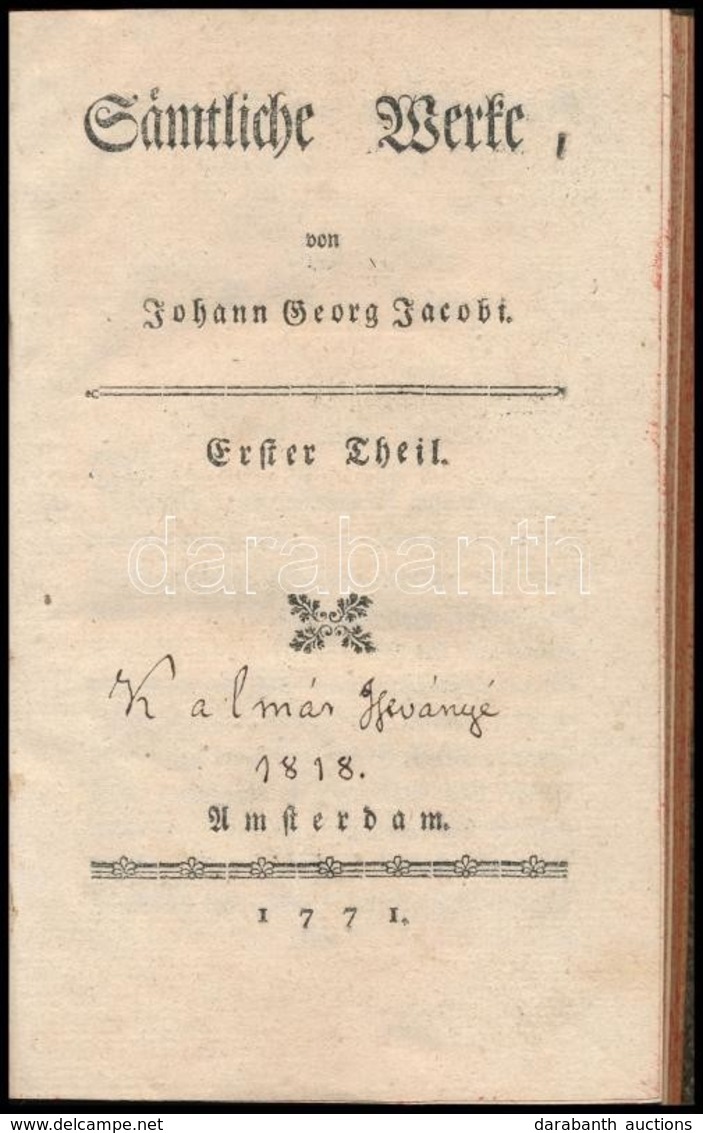 Johann Georg Jacobi: Sämtliche Werke. Erster Theil. Amsterdam, 1771, K.n.,173 P. Német Nyelven. Kartonált Papírkötés, Fe - Ohne Zuordnung