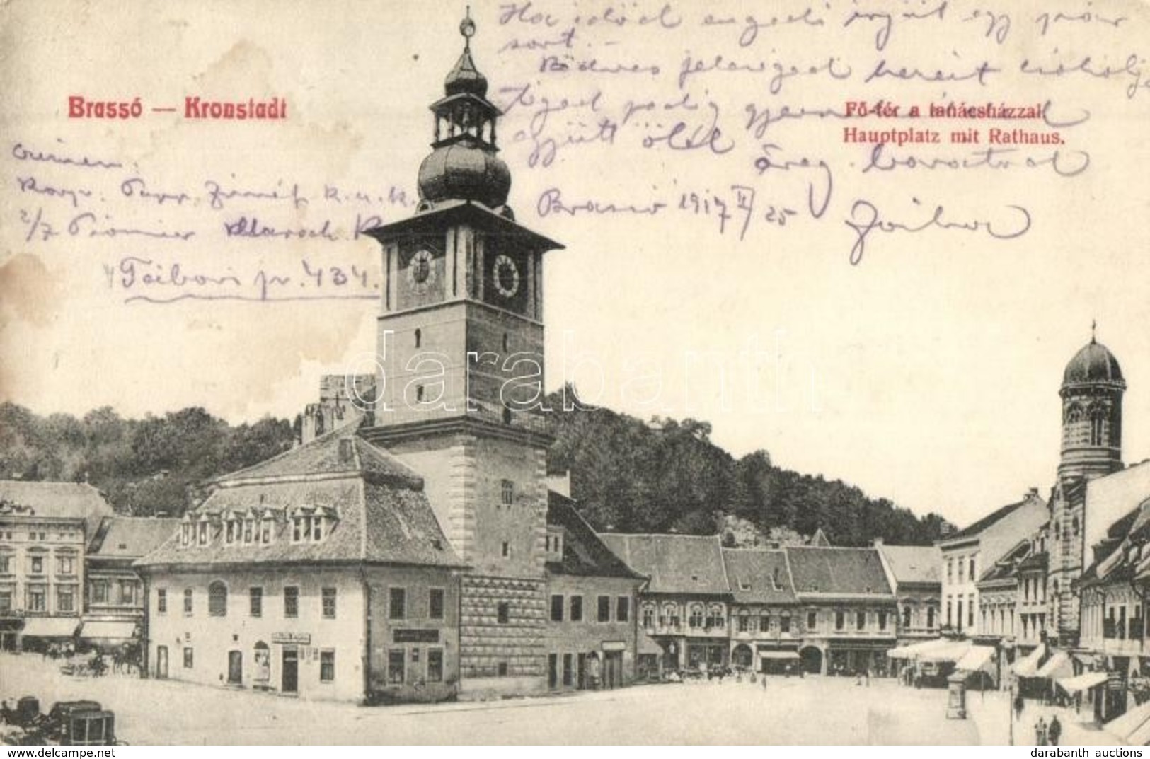 T2/T3 1917 Brassó, Kronstadt, Brasov; F? Tér, Tanácsház, üzletek / Main Square With Town Hall, Shops  (EK) - Zonder Classificatie