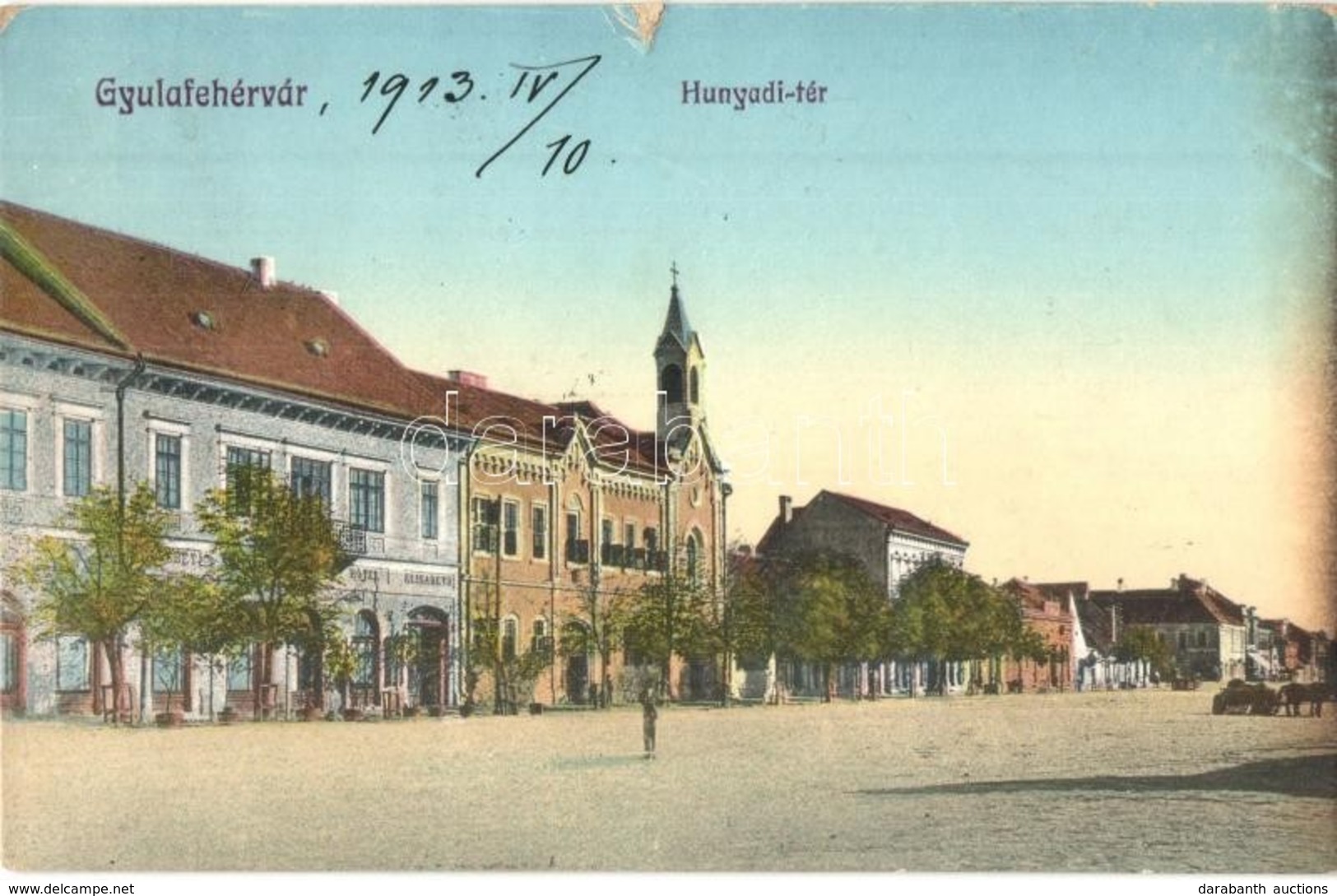 T3 1913 Gyulafehérvár, Karlsburg, Alba Iulia; Hunyadi Tér, Erzsébet Szálloda / Square, Hotel  (szakadás / Tear) - Non Classificati