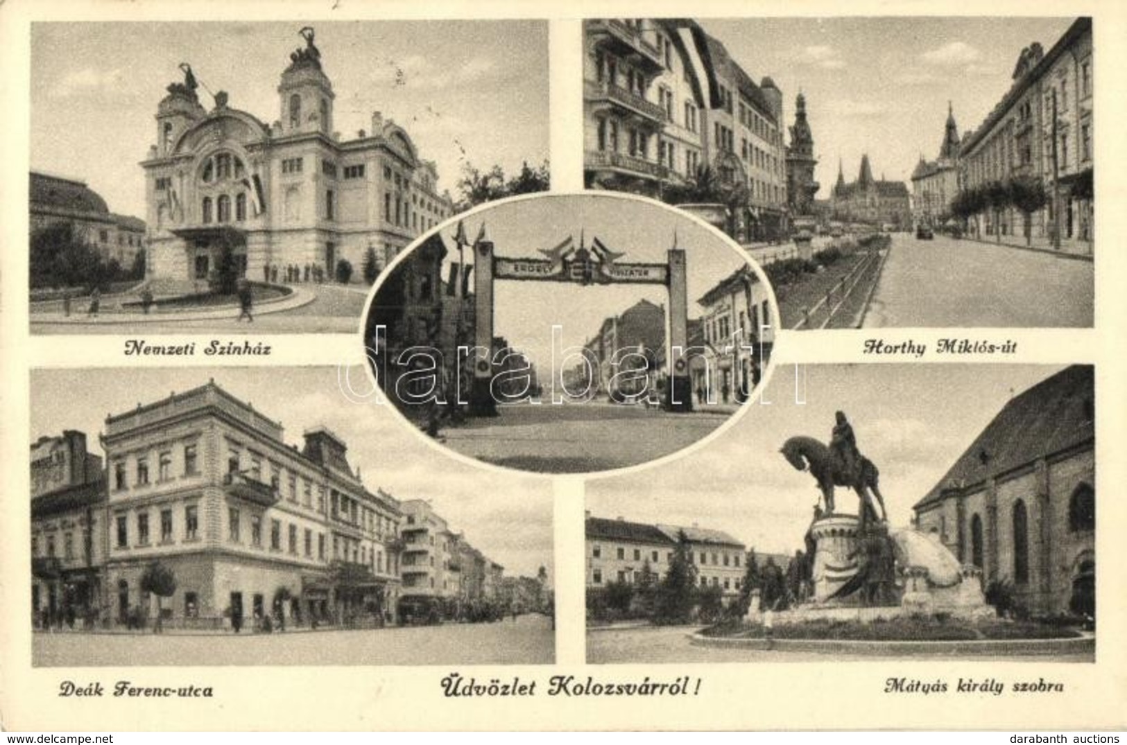 T2 Kolozsvár, Cluj; Nemzeti Színház, Horthy Miklós út, Mátyás Király Szobor, Deák Ferenc Utca / Theatre, Statue, Streets - Unclassified