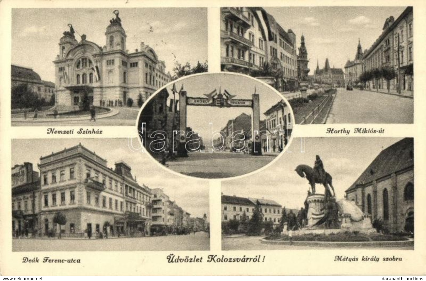 T2 Kolozsvár, Cluj; Nemzeti Színház, Horthy Miklós út, Mátyás Király Szobor, Deák Ferenc Utca / Theatre, Statue, Streets - Non Classificati