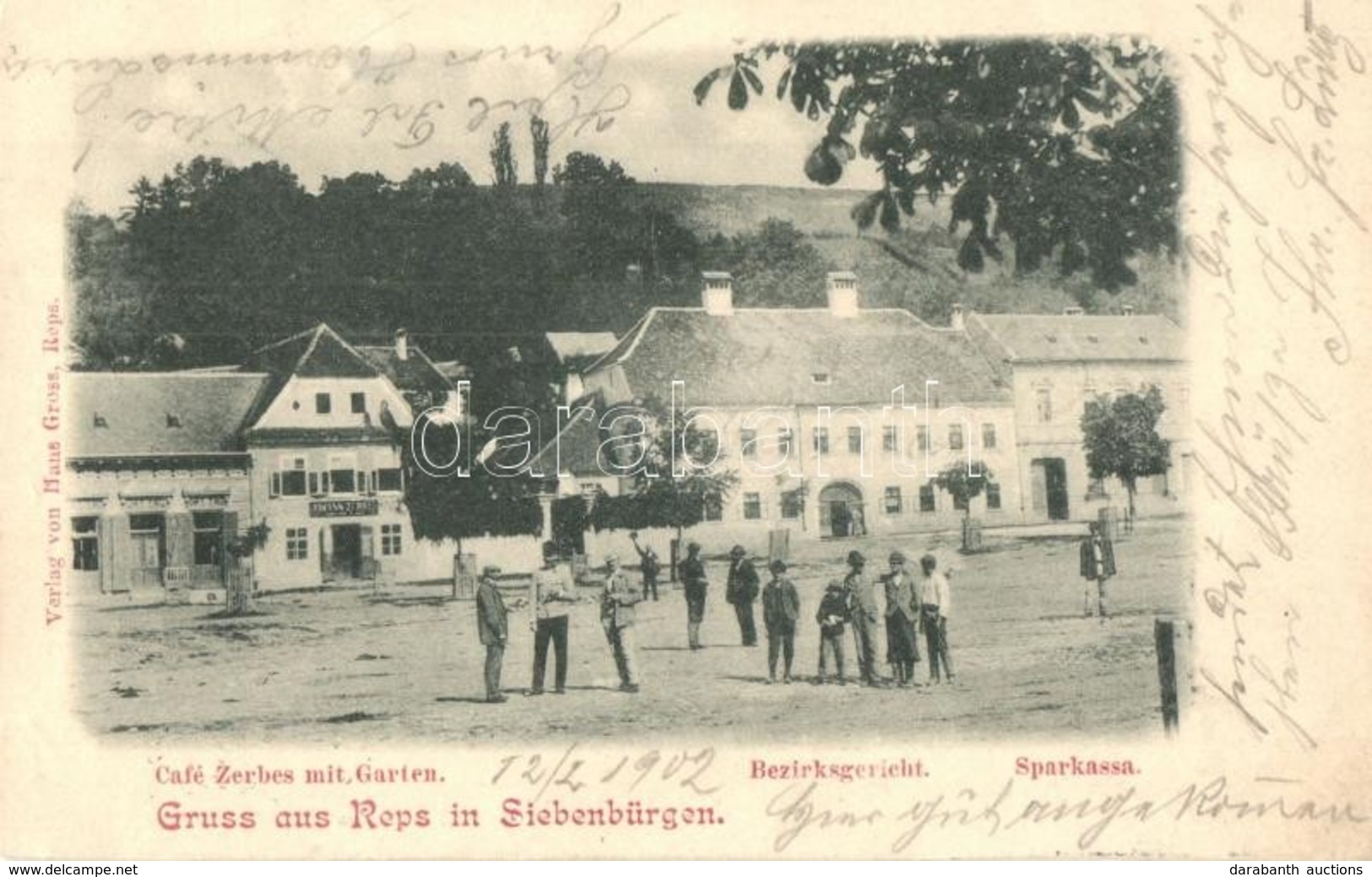 T2/T3 1902 K?halom, Reps, Rupea; Café Zerbes Mit Garten, Bezirksgericht, Sparkassa. Verlag V. Hans Gross / Johann Zerbes - Unclassified