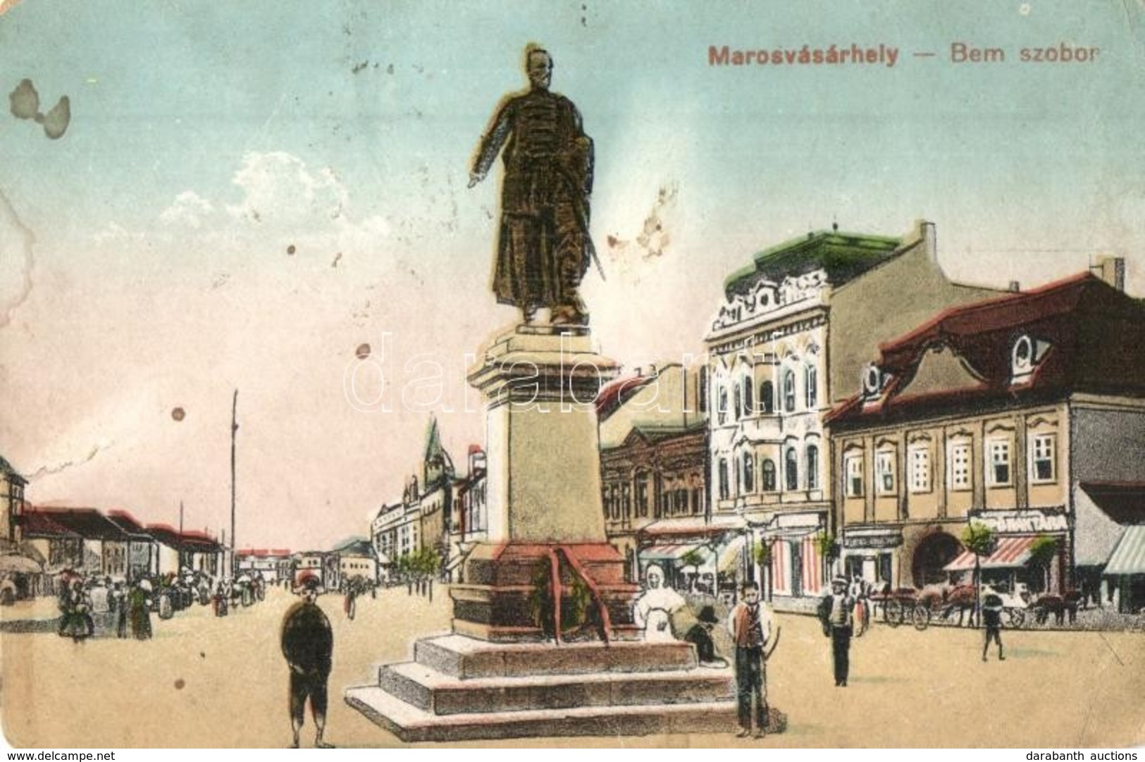 T3 Marosvásárhely, Targu Mures; Bem Szobor, üzletek / Statue, Shops (kopott Sarkak / Worn Corners) - Non Classificati