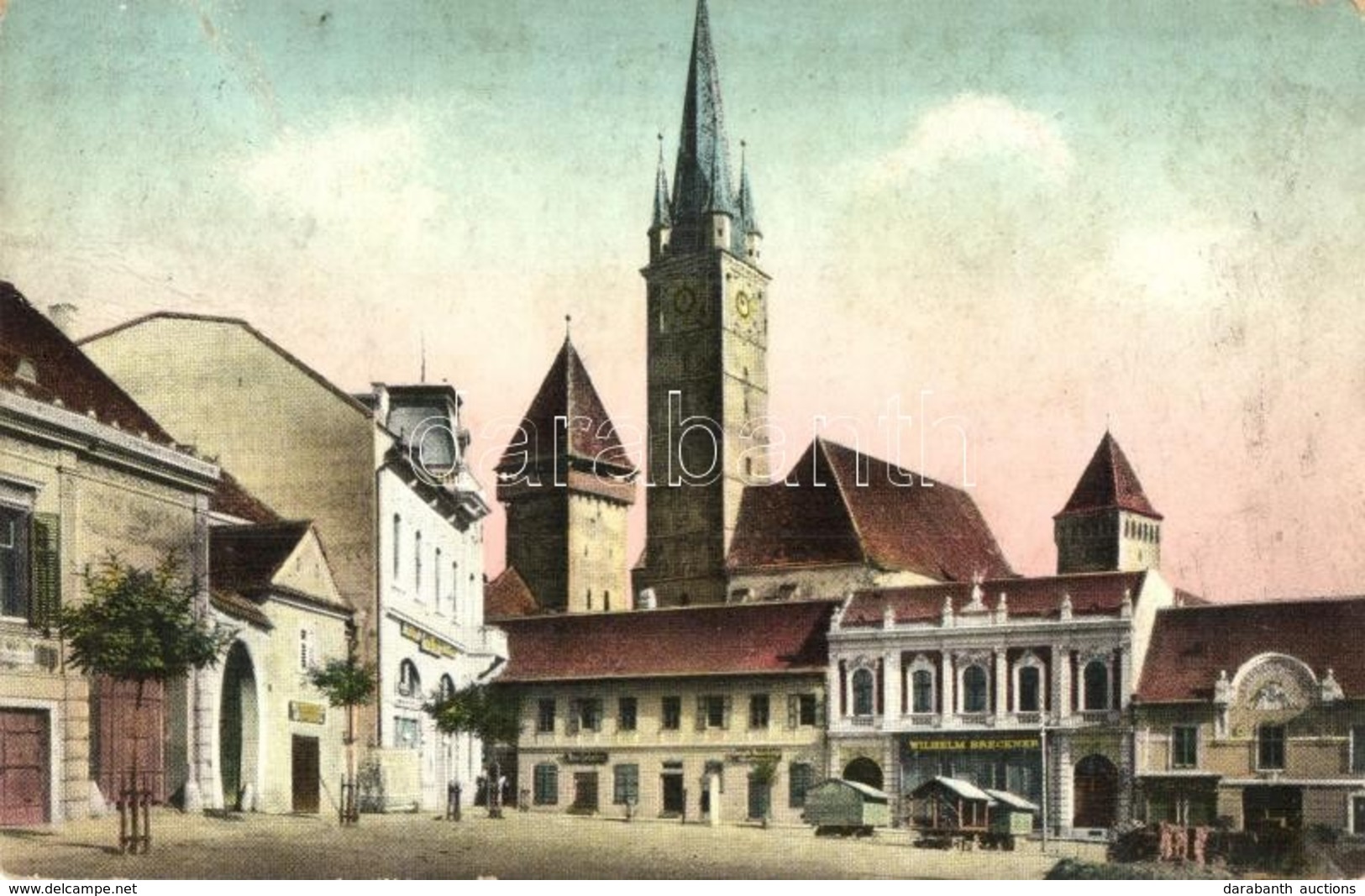 T2/T3 Medgyes, Mediasch, Medias; Kleiner Marktplatz / Piac Tér, Evangélikus Templom, Wilhelm Breckner üzlete. Franz Wend - Non Classés