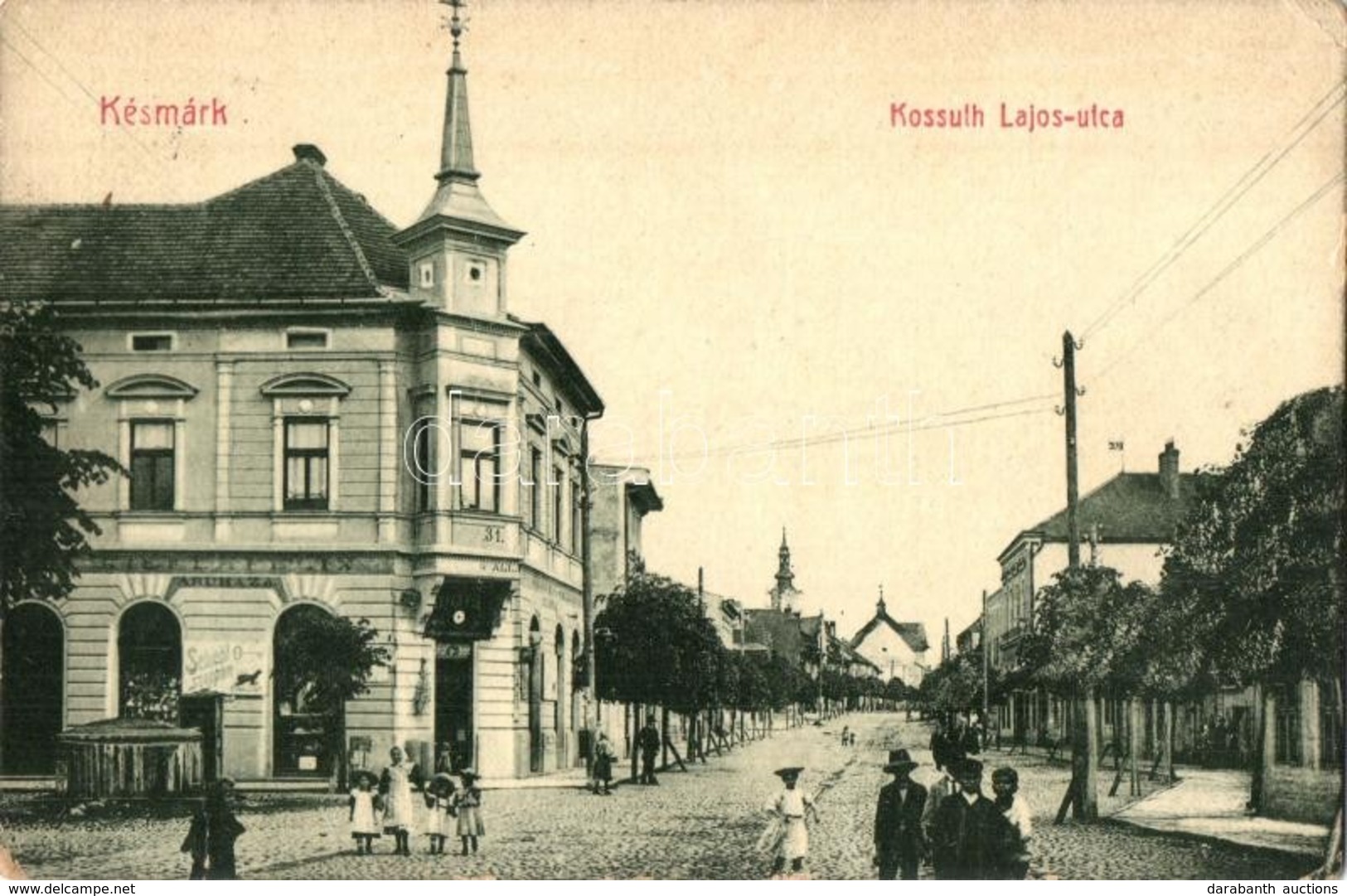 T2/T3 Késmárk, Kezmarok; Kossuth Lajos Utca, Kiefer Felix üzlete, Schicht Szappan Reklám. W. L. Bp. 2904. / Street View, - Zonder Classificatie