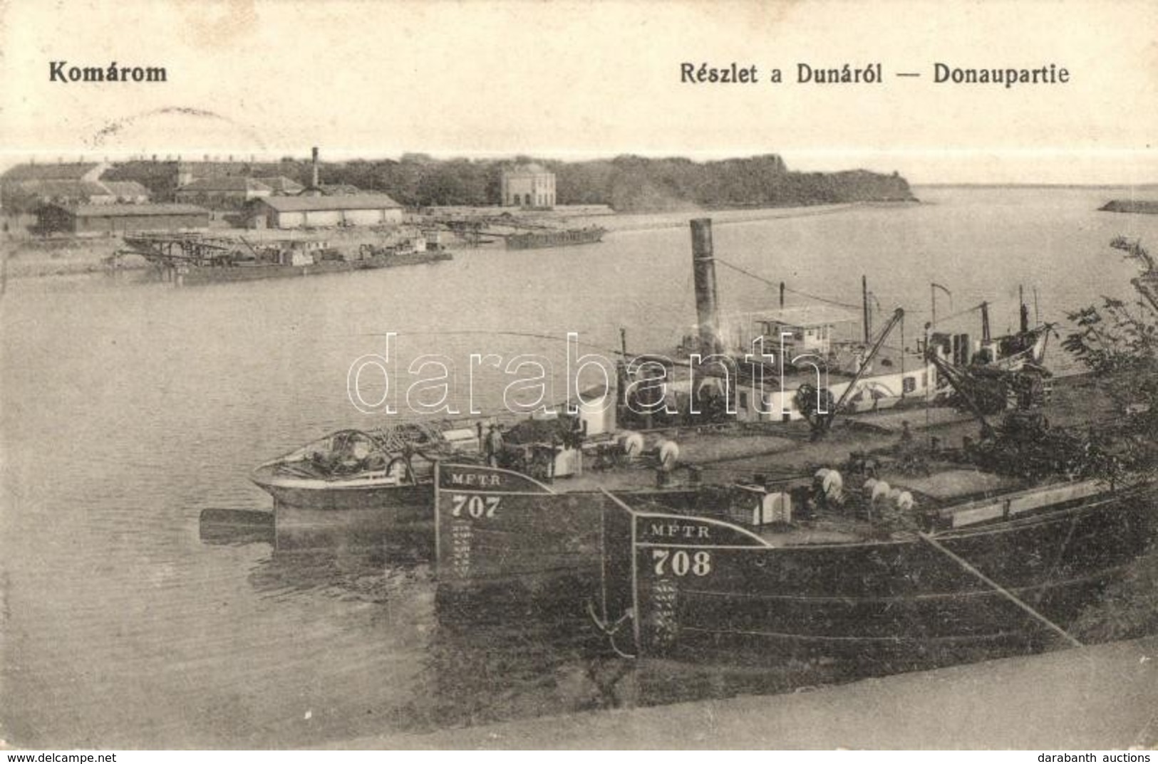 T2/T3 Komárom, Komárno; Részlet A Dunáról, MFTR 707-es és 708-as Uszály, Mellette G?zhajó. L. H. Pannonia 1916. / Danube - Zonder Classificatie