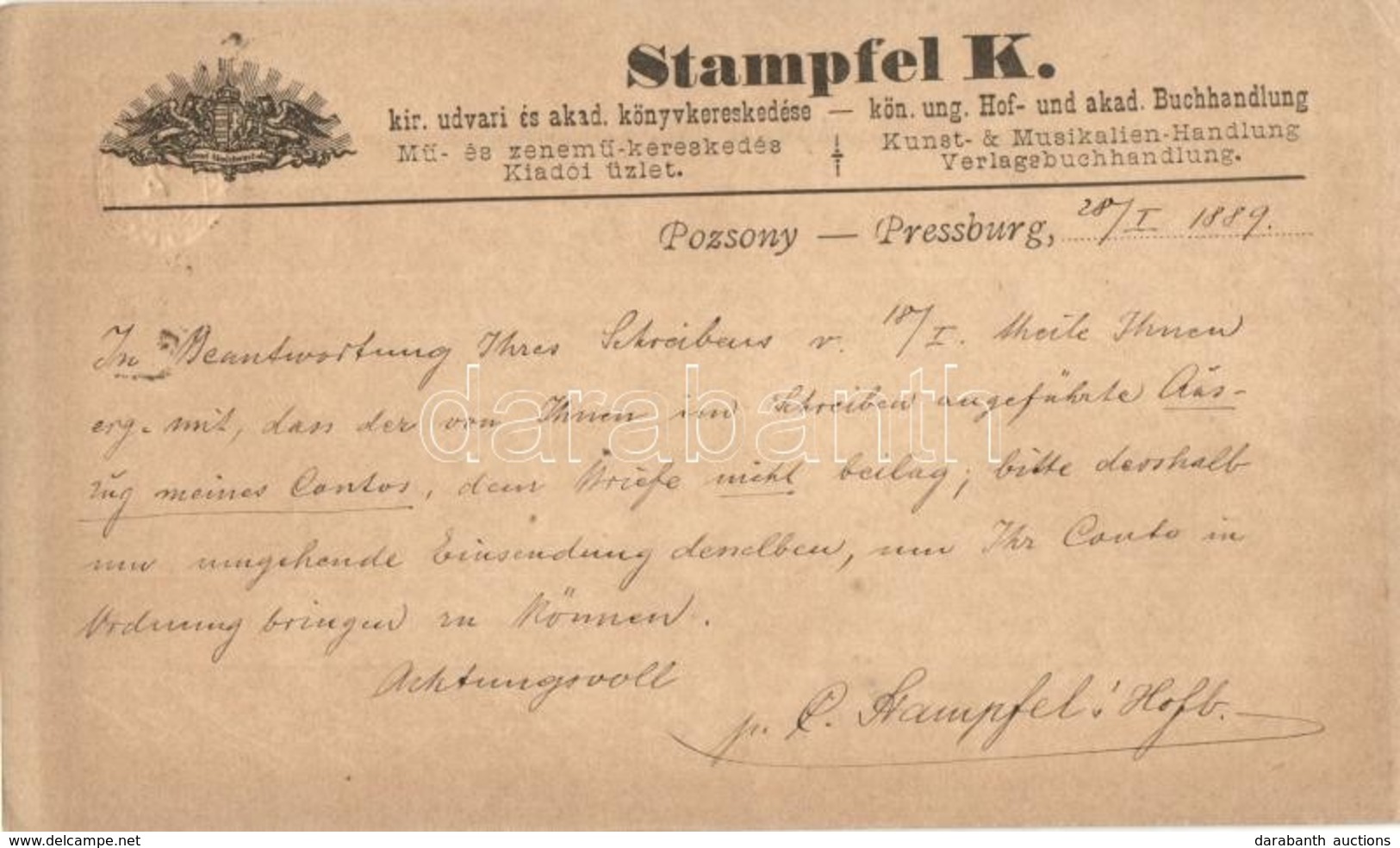 T2/T3 1889 (Vorläufer!!!) Pozsony, Pressburg, Bratislava; Stampfel K. Kir. Udvari és Akad. Könyvkereskedése. Reklámlap / - Unclassified