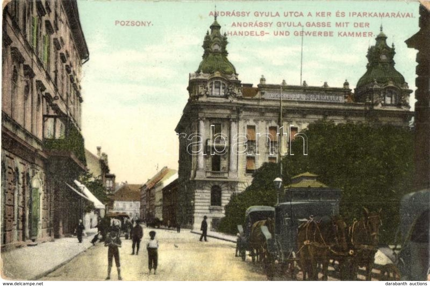 T2/T3 1910 Pozsony, Pressburg, Bratislava; Andrássy Gyula Utca, Kereskedelmi és Iparkamara, Hintó. W.L. Bp. 659. / Stree - Unclassified