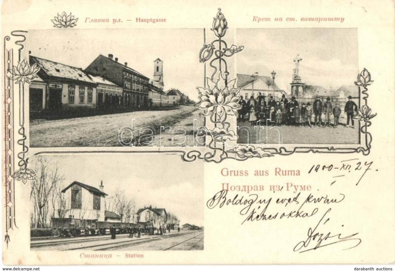 T2/T3 1900 Árpatarló, Ruma; F? Utca, Vasútállomás, Szent Kereszt Szobor / Main Street, Railway Station, Cross Monument.  - Zonder Classificatie