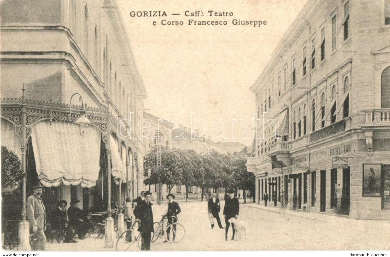 ** T2/T3 Gorizia, Görz, Gorica; Caffé Teatro E Corso Francesco Giuseppe / Café, Street View, Man With Bicycle And Dog, S - Ohne Zuordnung